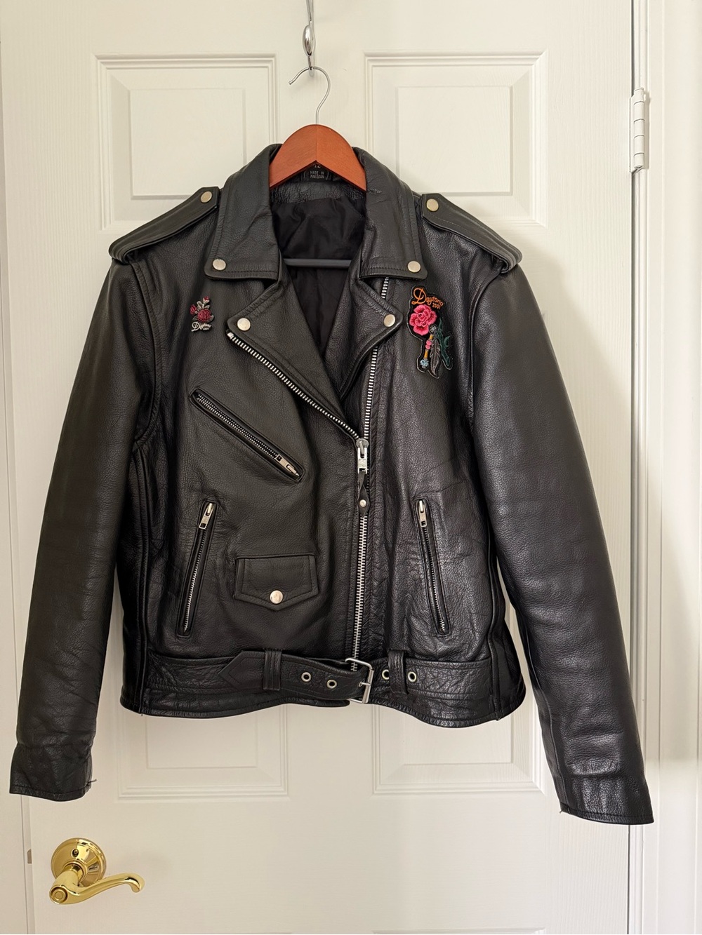 Black Leather Biker Jacket with Floral Embroidery - Women
